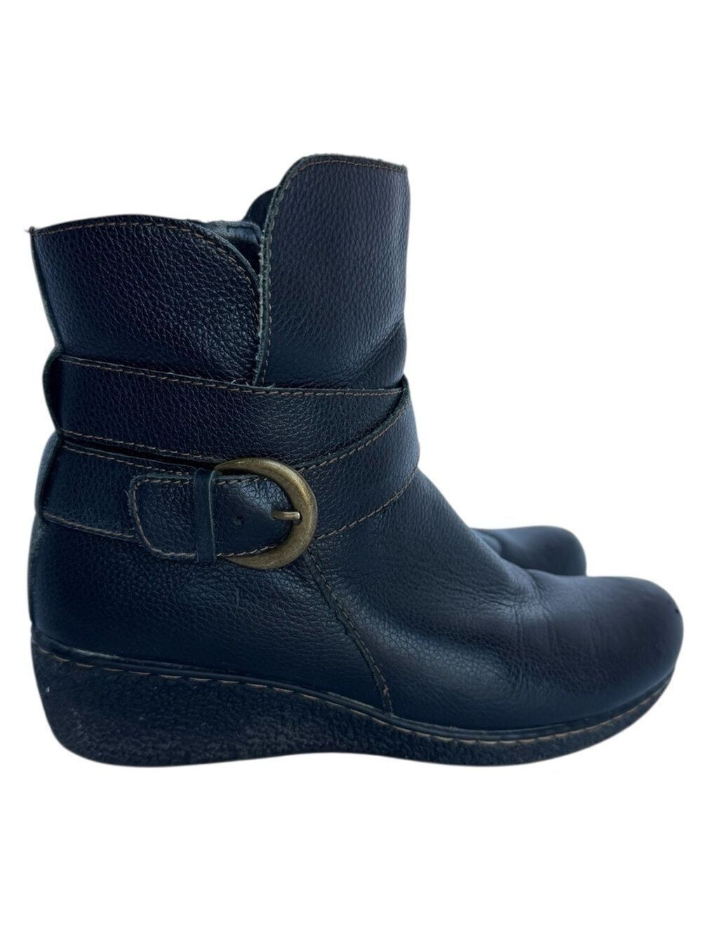 b.o.c. Pebbled Leather Wedge Ankle Boots Sz 6.5 Black Strappy Buckle Booties